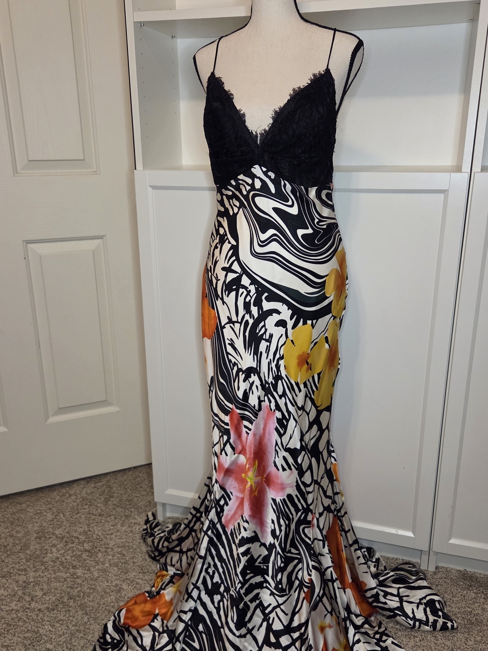 Mary L Couture Black Lace Bodice Maxi Dress with Silky Pink & Yellow Florals